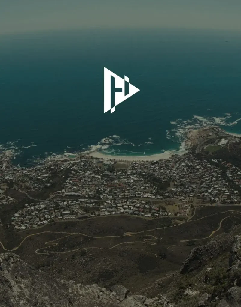 Stylised aerial of Cape Town with Here Here arrow logo, symbolising local marketing and small business visibility